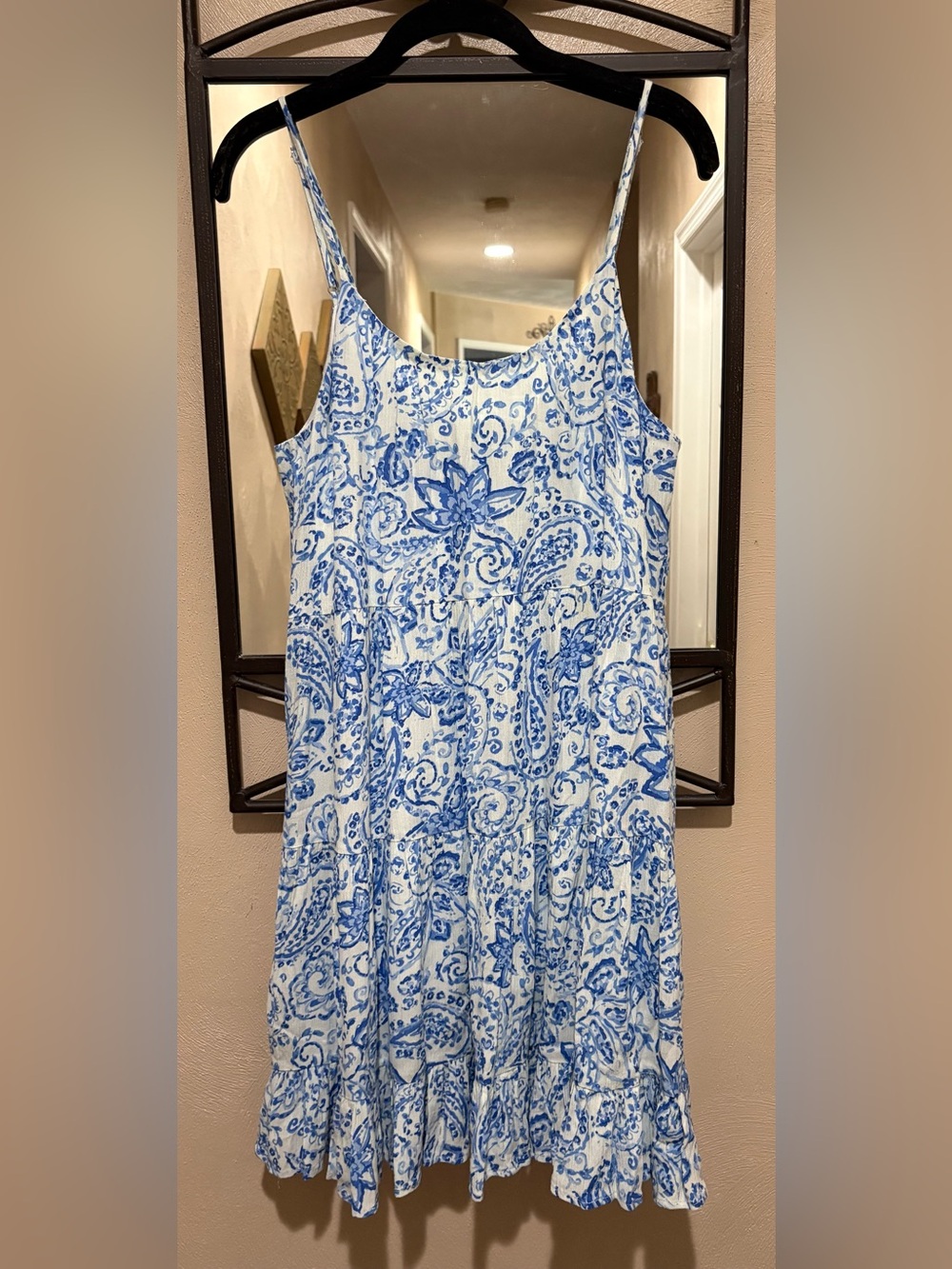 En Creme White and Blue Paisley Mini Sundress Size M